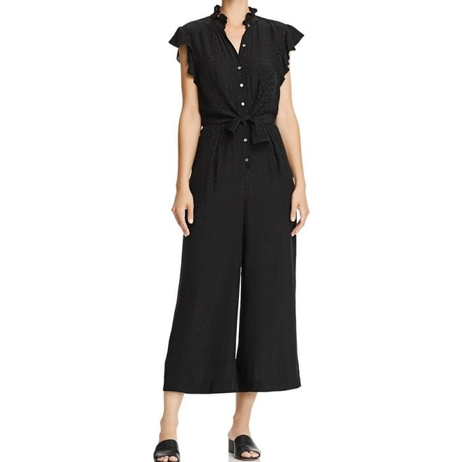 Rebecca Taylor Jacquard Silk Black Waist Tie Wide Leg Jumpsuit